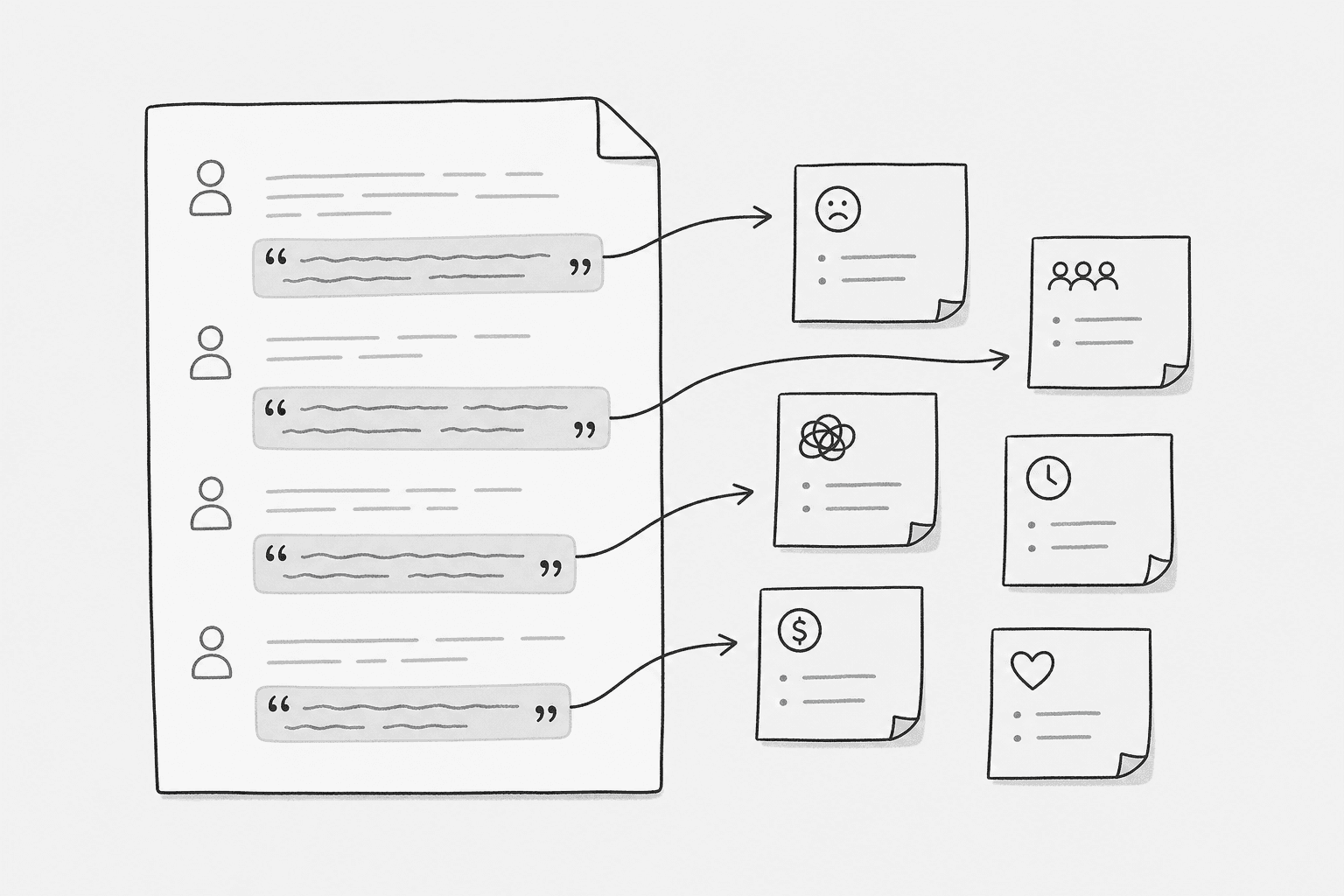 Research synthesis board with clustered interview evidence